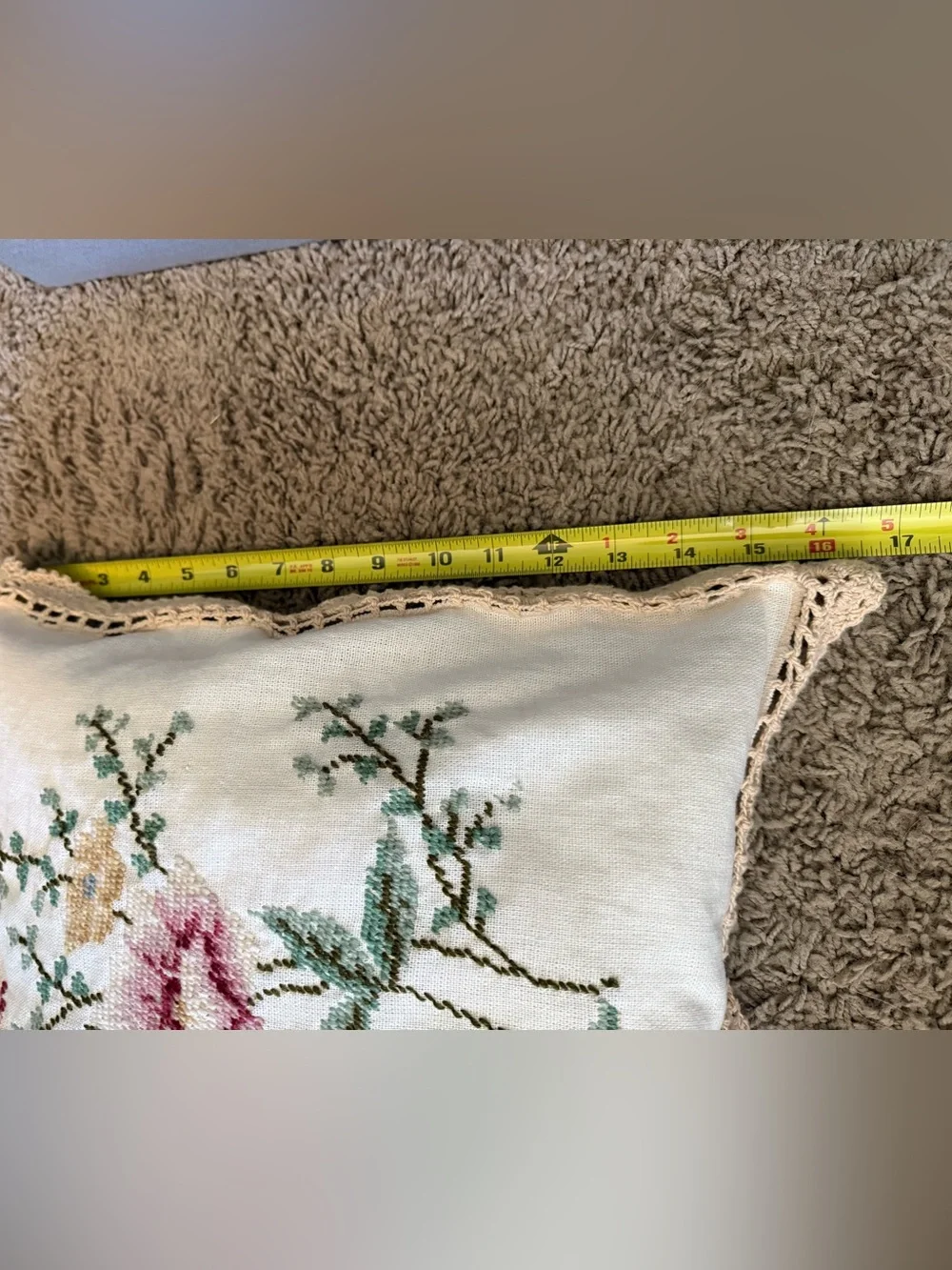Vintage Floral Cross Stitch Pillow Cover Crochet Lace Trim 16x16